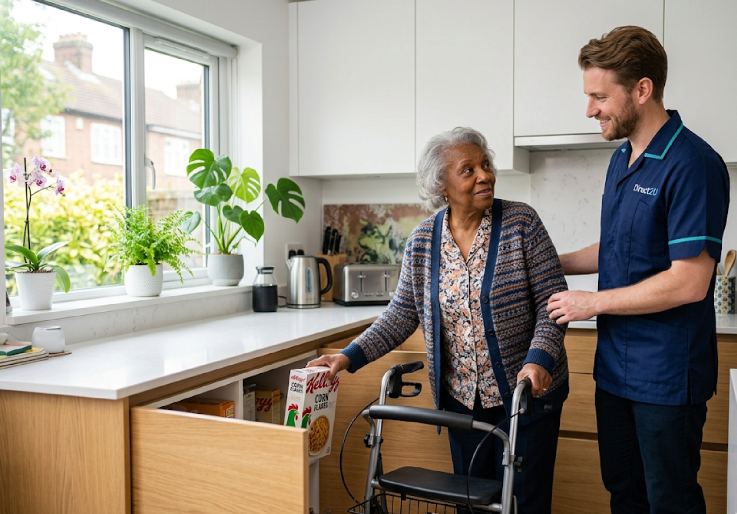 Direct2U carer supporting an elderly woman with a walking frame to remain independent at home - physical disability care in Enfield